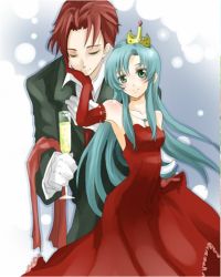 Rule 34 | alcohol, alternate costume, aqua eyes, aqua hair, armpits, bare shoulders, blue hair, blush, champagne, couple, crown, dress, eirika (fire emblem), elbow gloves, closed eyes, fire emblem, fire emblem: the sacred stones, formal, glass, gloves, green eyes, hand on another&#039;s face, happy, jewelry, knight, long hair, necklace, necktie, nintendo, pendant, princess, red hair, seth (fire emblem), short hair, smile, strapless, strapless dress, suit