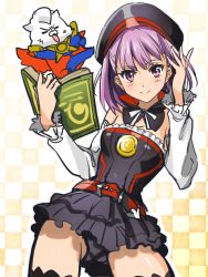 Rule 34 | 1boy, 1girl, adjusting hair, aono shimo, bad id, bad twitter id, bare shoulders, belt, black thighhighs, bodysuit, book, breasts, checkered background, chibi, cowboy shot, detached sleeves, dress, fate/grand order, fate (series), frilled skirt, frilled sleeves, frills, furry, hat, helena blavatsky (fate), highres, holding, holding book, lion, looking at viewer, microdress, panties, pantyshot, purple eyes, purple hair, skirt, small breasts, smile, strapless, thighhighs, thomas edison (fate), underwear