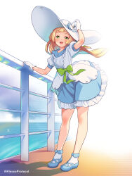 Rule 34 | 1girl, :d, arm up, blonde hair, blue footwear, blush, bow, commentary request, creatures (company), eyelashes, fence, floating hair, flower, frills, game freak, gloves, green bow, green eyes, hat, hat flower, hat ribbon, highres, kinocopro, leaning, lillie (pokemon), long hair, nintendo, open mouth, pigeon-toed, pokemon, pokemon (anime), pokemon sm146, pokemon sm (anime), ribbon, shoes, smile, socks, solo, standing, sun hat, twitter username, watermark, white gloves, white hat, white socks