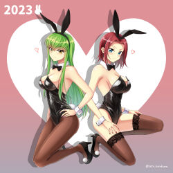 Rule 34 | 2023, 2girls, absurdres, animal ears, black bow, black bowtie, black footwear, black leotard, blue eyes, blush, bow, bowtie, breasts, brown pantyhose, brown thighhighs, c.c., chinese zodiac, closed mouth, code geass, detached collar, fake animal ears, female focus, full body, green hair, hand on own hip, hands on own thighs, heart, high heels, highres, kouzuki kallen, lace, lace-trimmed legwear, lace trim, large breasts, leotard, long hair, looking at viewer, medium breasts, multiple girls, pantyhose, playboy bunny, purple nails, rabbit ears, red hair, red nails, setu kurokawa, short hair, smile, thighhighs, twitter username, wrist cuffs, year of the rabbit, yellow eyes