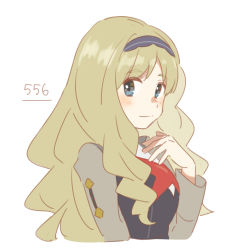 Rule 34 | 1girl, arm up, blonde hair, blue eyes, blush, breasts, closed mouth, commentary request, darling in the franxx, from side, grey hairband, hair ornament, hairband, kokoro (darling in the franxx), long hair, long sleeves, looking at viewer, military, military uniform, smile, solo, unapoppo, uniform, upper body
