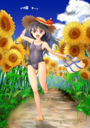 Rule 34 | 1girl, :d, arm behind head, arm up, bag, black hair, black one-piece swimsuit, blush, bottle, child, cloud, collarbone, covered navel, day, flat chest, flower, full body, gluteal fold, groin, hat, holding, holding bag, leg up, long hair, one-piece swimsuit, open mouth, original, outdoors, path, red eyes, road, running, sandals, school swimsuit, sky, smile, solo, sun hat, sunflower, swimsuit, tewo