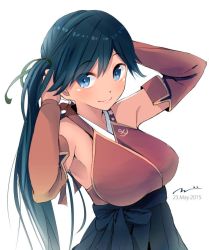 Rule 34 | 10s, 1girl, adapted costume, adjusting hair, alternate costume, armpits, black hair, blue eyes, breasts, dated, detached sleeves, female focus, hair ribbon, houshou (kancolle), japanese clothes, kantai collection, kimono, kimono skirt, large breasts, long hair, looking at viewer, ribbon, simple background, smile, solo, tebi (tbd11), white background