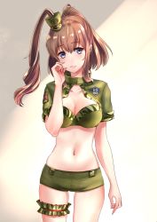 Rule 34 | 1girl, alternate costume, arm at side, bad id, bad pixiv id, blush, breasts, bridal garter, cleavage, cleavage cutout, clothing cutout, commentary request, cowboy shot, crop top, emblem, frills, gradient background, green hat, green shorts, hand on own face, hat, kantai collection, legs apart, lips, long hair, looking at viewer, looking back, medium breasts, navel, one side up, parted lips, ponytail, saratoga (kancolle), short shorts, short sleeves, shorts, skindentation, solo, standing, stomach, thighs, uki, yellow background