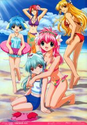 Rule 34 | 00s, 6+girls, :d, animal ears, arm support, armpits, arms behind head, arms up, beach, bikini, blonde hair, blue eyes, blue hair, blue one-piece swimsuit, broccoli (company), brown eyes, cloud, day, everyone, facial mark, floral print, flower, forehead mark, forte stollen, front-tie bikini top, front-tie top, fujita mariko, galaxy angel, grin, hair flower, hair ornament, hibiscus, highres, innertube, jewelry, kneeling, light rays, long hair, looking at viewer, milfeulle sakuraba, mint blancmanche, multiple girls, navel, necklace, normad, o-ring, o-ring swimsuit, ocean, one-piece swimsuit, open mouth, outdoors, pink bikini, pink hair, print bikini, purple bikini, ranpha franboise, red bikini, red eyes, red hair, sarong, scan, short hair, side-tie bikini bottom, sidelocks, sitting, sky, smile, standing, swim ring, swimsuit, vanilla h, yellow eyes