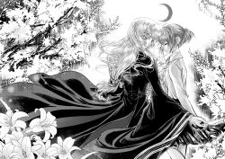 Rule 34 | 1boy, 1girl, absurdres, crescent, dated, elias ainsworth, flower, greyscale, hatori chise, highres, long hair, long sleeves, low-tied long hair, mahou tsukai no yome, monochrome, moon, night, outdoors, short hair, standing, tree, wide sleeves, wistaria99