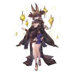 Rule 34 | 1girl, alpha transparency, animal ears, black dress, black nails, blindfold, blue hair, breasts, brown hair, cleavage, cleavage cutout, closed mouth, clothing cutout, dress, extra ears, full body, galleon (granblue fantasy), galleon (life&#039;s compassionate observer) (granblue fantasy), granblue fantasy, horns, large breasts, long hair, long sleeves, minaba hideo, multicolored hair, nail polish, official art, pointy ears, skindentation, smile, solo, streaked hair, thigh strap, toeless footwear, toenail polish, toenails, transparent background