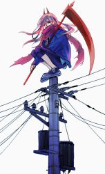 Rule 34 | 1girl, black necktie, blue hoodie, chainsaw man, hair over one eye, holding, holding scythe, hood, hoodie, horns, kitunejima, long hair, looking at viewer, necktie, pants, pants rolled up, pink hair, power (chainsaw man), power lines, red horns, scythe, shirt, simple background, smile, solo, squatting, utility pole, white background, white shirt