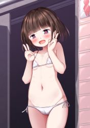 Rule 34 | 1girl, :d, bare arms, bare shoulders, bikini, blue eyes, blunt bangs, blush, breasts, brown hair, cameltoe, commentary request, double v, groin, hands up, heart, heart-shaped pupils, highres, mochiyuki, navel, open mouth, original, side-tie bikini bottom, small breasts, smile, solo, standing, swimsuit, symbol-shaped pupils, v, white bikini