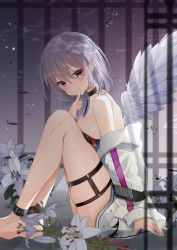 Rule 34 | 1girl, air bubble, ankle cuffs, arm support, bandeau, bare legs, bare shoulders, barefoot, black choker, blush, braid, breast press, breasts, bubble, choker, commentary request, feathered wings, feet out of frame, flower, french braid, hair between eyes, hand up, highres, index finger raised, jacket, kishin sagume, knees up, large breasts, long sleeves, looking at viewer, natsuki (ukiwakudasai), off shoulder, purple eyes, short hair, sidelocks, silver hair, single wing, sitting, skindentation, solo, thigh strap, thighs, touhou, underwater, white flower, white jacket, white wings, wings