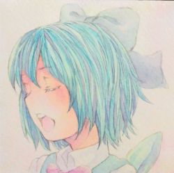 Rule 34 | 1girl, acrylic paint (medium), blue hair, bow, bowtie, cirno, collared shirt, eyelashes, closed eyes, graphite (medium), hair bow, ice, ice wings, looking to the side, open mouth, painting (medium), portrait, shirt, short hair, smile, solo, touhou, traditional media, vest, watercolor (medium), wings, yuyu (00365676)