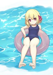Rule 34 | 1girl, afloat, bare arms, bare legs, barefoot, blonde hair, blush, closed mouth, feet, full body, hair ribbon, highres, hino (yuruyurukoubou), innertube, knees together feet apart, looking at viewer, old school swimsuit, red eyes, red ribbon, ribbon, rumia, school swimsuit, short hair, solo, swim ring, swimsuit, touhou, water
