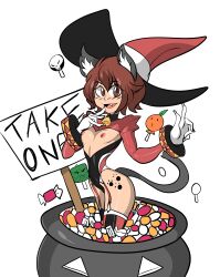 Rule 34 | absurdres, animal ears, bigdead93, breasts, brown eyes, brown hair, candy, cat ears, cat girl, cat tail, cauldron, breasts, food, garter straps, hat, highres, jacket, leather, leather jacket, leotard, nathy, paw print, perky breasts, petite, pumpkin, short hair, small breast, small breasts, tail, thighhighs, thighs, witch hat