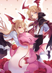Rule 34 | &gt;:(, 1boy, 1girl, ;d, ^^^, achan (blue semi), apple, besu, blonde hair, blue eyes, blush, brother and sister, cape, dragon, fang, fang out, food, frilled skirt, frills, frown, fruit, granblue fantasy, head wings, highres, long hair, malinda (shingeki no bahamut), one eye closed, open mouth, pointy ears, red eyes, shingeki no bahamut, shirt, short hair, siblings, skirt, smile, v-shaped eyebrows, vampire, vampy, veight, wings