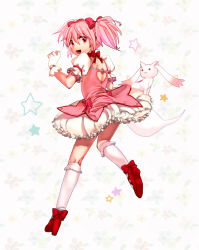 Rule 34 | 10s, 1girl, :3, bow, choker, gloves, hair bow, heart, kaname madoka, kneehighs, kneepits, kyubey, mahou shoujo madoka magica, mahou shoujo madoka magica (anime), pink eyes, pink hair, puffy sleeves, red eyes, short hair, short twintails, skirt, socks, twintails, wtuw