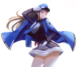 Rule 34 | 1girl, :o, absurdres, blue coat, blue hat, blue necktie, breasts, brown eyes, brown hair, coat, coat on shoulders, dido (magicc), diesel (nikke), earrings, feet out of frame, gloves, goddess of victory: nikke, hand on own head, hat, highres, huge breasts, jewelry, long hair, long sleeves, looking away, military, military hat, military uniform, necktie, open clothes, open coat, open mouth, project nikke, solo, standing, triangle earrings, uniform, white background, white gloves
