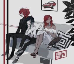 1girl, 2boys, 7wata himori, absurdres, animal, bangs, bare shoulders, bird, black hair, blue hair, braid, breasts, car, cleavage, closed mouth, couch, dark skin, dark skinned female, diluc (genshin impact), dress, falcon, formal, genshin impact, gradient hair, green eyes, ground vehicle, hair between eyes, hair ornament, hand on own chin, hand on own knee, high heels, highres, jacket, jewelry, leaf, long hair, long pants, long sleeves, looking at viewer, motor vehicle, multicolored hair, multiple boys, open mouth, pants, picture (object), pillow, ponytail, red eyes, red hair, shirt, shoes, simple background, single earring, sitting, sleeveless, smile, suit, suspenders, twin braids, vanessa (genshin impact), venti (genshin impact)