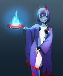 Rule 34 | 1girl, :d, :q, bad id, blue eyes, blue fire, blunt bangs, colored skin, cup, eyebrows, fate/grand order, fate (series), fire, hair ornament, hand on own stomach, highres, hitodama, horns, japanese clothes, kimono, knee up, looking at viewer, navel, oni, open clothes, open kimono, open mouth, outstretched arm, plate, purple hair, revision, sakazuki, short hair, shuten douji (fate), shuten douji (first ascension) (fate), skin-covered horns, smile, solo, tongue, tongue out, white skin, wide sleeves, yue (tada no saboten)