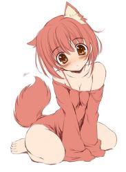 Rule 34 | 1girl, animal ears, arm support, bare shoulders, blush, bottomless, brown eyes, cat ears, cat tail, dog ears, head tilt, kikurage (plastic people), kneeling, long sleeves, looking at viewer, monochrome, original, red hair, red theme, short hair, simple background, sitting, sleeves past wrists, solo, staring, strap slip, tail, wariza, white background, wide-eyed