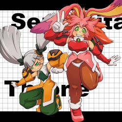 Rule 34 | 2girls, animal ears, breasts, brown legwear, character name, frown, gloves, green eyes, grey hair, grin, kneeling, large breasts, long hair, multicolored hair, multiple girls, pants, pantyhose, pink hair, rabbit ears, red hair, seraphita, seraphita (xenogears), shoes, short hair, smile, standing, standing on one leg, tolone, tolone (xenogears), twintails, two-tone hair, v, xenogears, yamipaseri
