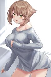 Rule 34 | 1girl, absurdres, alternate costume, blush, brown hair, clothes pull, collarbone, cowboy shot, green eyes, grey sweater, hair between eyes, highres, kantai collection, long sleeves, monoku, mutsu (kancolle), open mouth, ribbed sweater, short hair, sleeves past wrists, smile, solo, sweater, sweater pull