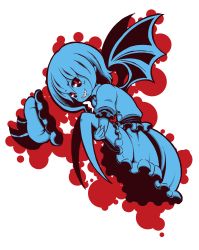 Rule 34 | 1girl, bat wings, blue theme, female focus, full body, highres, hugging own legs, monochrome, red eyes, red theme, remilia scarlet, solo, sonson (eleven), spot color, touhou, white background, wings