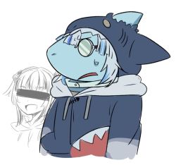 Rule 34 | 184nx, 1boy, 1girl, cosplay, crossdressing, crossover, frown, gawr gura, gawr gura (cosplay), glasses, hololive, hololive english, hood, hoodie, open mouth, shark, skullgirls, stanley whitefin, sweatdrop, virtual youtuber, white hair