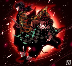 Rule 34 | 2boys, black hair, drawing sword, fighting stance, hair slicked back, highres, holding, holding sword, holding weapon, japanese clothes, kamado tanjirou, kimetsu no yaiba, male focus, multiple boys, official style, open mouth, ready to draw, sword, tomioka giyuu, weapon, yuyu hamu86