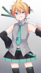 Rule 34 | 1boy, black skirt, black sleeves, black thighhighs, blonde hair, blue eyes, blue necktie, clenched teeth, collared shirt, commentary, cosplay, crossdressing, detached sleeves, dress shirt, food, gradient background, grey background, grey shirt, half-closed eye, hand on own hip, hatsune miku, hatsune miku (cosplay), highres, holding, holding food, kagamine len, kuroi (liar-player), long sleeves, male focus, necktie, pleated skirt, shirt, skirt, sleeveless, sleeveless shirt, sleeves past wrists, solo, spring onion, teeth, thighhighs, twitter username, uneven eyes, vocaloid, white background