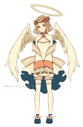 Rule 34 | 1girl, akagi shun, angel, angel wings, blonde hair, bloomers, blue footwear, blush, dress, flower, frilled sleeves, frills, full body, halo, head wreath, high collar, long sleeves, looking to the side, mandarin collar, original, parted lips, rose, shoes, short hair, simple background, sleeves past wrists, solo, standing, thighhighs, twitter username, underwear, white background, white dress, white thighhighs, wings, yellow eyes