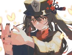 Rule 34 | bad id, bad twitter id, black hat, black nails, bug, butterfly, collared shirt, commentary, flower, flower-shaped pupils, genshin impact, hair between eyes, hat, hat flower, hat ornament, highres, hu tao (genshin impact), insect, jewelry, long hair, looking at viewer, mono 02, multiple rings, nail polish, parted lips, porkpie hat, red flower, ring, shirt, solo, symbol-shaped pupils, tailcoat, thumb ring