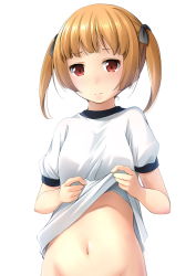 Rule 34 | 1girl, black ribbon, blush, breasts, closed mouth, clothes lift, commentary request, groin, gym shirt, hair ribbon, highres, lifted by self, light brown hair, long hair, navel, nose blush, original, out-of-frame censoring, red eyes, ribbon, shibacha (shibacha 0728), shirt, shirt lift, short sleeves, simple background, small breasts, solo, twintails, white background, white shirt
