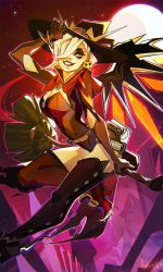 Rule 34 | 1girl, andern3ll, black lips, blonde hair, breasts, broom, broom riding, earrings, eyeshadow, gloves, hair over one eye, hat, highres, jack-o&#039;-lantern, jack-o&#039;-lantern earrings, jewelry, large breasts, lipstick, makeup, mercy (overwatch), moon, night, official alternate costume, overwatch, overwatch 1, smile, solo, star (sky), witch, witch hat, witch mercy, yellow eyes