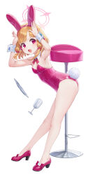 Rule 34 | 1girl, absurdres, animal ears, bare legs, blonde hair, blue archive, bow, bowtie, breasts, cryturtle, cup, detached collar, drinking glass, fake animal ears, halo, headphones, high heels, highres, leaning forward, leotard, momoi (blue archive), open mouth, parted bangs, pink bow, pink bowtie, pink footwear, pink leotard, playboy bunny, pumps, rabbit ears, rabbit pose, rabbit tail, red eyes, round teeth, short hair, simple background, small breasts, solo, stool, strapless, strapless leotard, tail, teeth, tray, upper teeth only, white background, wine glass, wrist cuffs