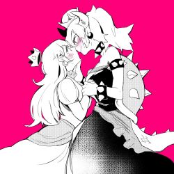 Rule 34 | 2girls, bare shoulders, blush, borrowed design, bowsette, bracelet, commentary request, crown, earrings, face-to-face, from side, height difference, highres, holding hands, horns, imminent kiss, jewelry, lizard tail, long hair, looking at another, looking down, looking up, mario (series), multiple girls, neji (ultramarinesunset), new super mario bros. u deluxe, nintendo, partially colored, pink background, ponytail, princess peach, puffy short sleeves, puffy sleeves, shell, short sleeves, spiked bracelet, spikes, super crown, sweat, tail, wavy mouth, yuri