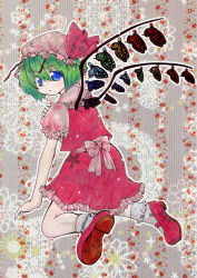 Rule 34 | 1girl, alternate wings, antennae, artist request, bad id, bad pixiv id, blue eyes, bug, butterfly, cosplay, female focus, flandre scarlet, flandre scarlet (cosplay), green hair, hat, bug, itetaki, mary janes, shoes, short hair, solo, touhou, wings, wriggle nightbug