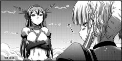Rule 34 | 10s, 2girls, aoki hagane no arpeggio, breasts, cleavage, comic, crossed arms, crossover, greyscale, headgear, kaname aomame, kantai collection, kongou (aoki hagane no arpeggio), large breasts, long hair, monochrome, multiple girls, musical note, nagato (kancolle), navel, sweat, translation request