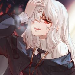 Rule 34 | 1girl, :d, arknights, black jacket, chain, crying, crying with eyes open, gold chain, grey hair, hair over one eye, hand on own head, highres, jacket, long hair, long sleeves, looking at viewer, open mouth, red eyes, ribbed sweater, smile, solo, specter (arknights), sweater, tears, teeth, turtleneck, turtleneck sweater, upper body, upper teeth only, was775, white sweater