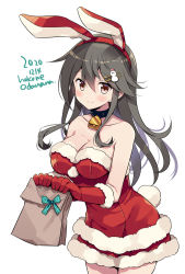 Rule 34 | 1girl, animal ears, bell, black hair, blush, breasts, brown eyes, cleavage, collarbone, cowboy shot, dated, fake animal ears, fake tail, gloves, hair between eyes, hair ornament, hairclip, haruna (kancolle), kantai collection, large breasts, long hair, odawara hakone, one-hour drawing challenge, rabbit ears, rabbit tail, red gloves, santa costume, simple background, smile, solo, tail, twitter username, white background