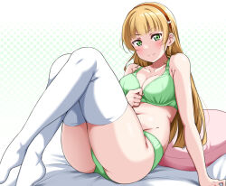 Rule 34 | 1girl, bare shoulders, blonde hair, blush, bra, closed mouth, collarbone, commentary request, green bra, green eyes, green panties, hair ornament, hairband, heanna sumire, highres, long hair, looking at viewer, love live!, love live! superstar!!, navel, orange hairband, panties, pillow, sitting, solo, thighhighs, thighs, underwear, white thighhighs, yopparai oni