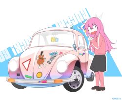 Rule 34 | 1girl, artist logo, artist name, black skirt, black socks, blue eyes, bocchi the rock!, brown footwear, car, commentary, cowlick, cube hair ornament, english text, eyes visible through hair, flipped hair, full body, gotoh hitori, hair between eyes, hair ornament, hands up, highres, jacket, leggings, loafers, long hair, long sleeves, looking at viewer, messy hair, motor vehicle, once 11h, open mouth, outline, own hands together, pink hair, pink jacket, pink leggings, pleated skirt, shoes, simple background, single sidelock, skirt, socks, solo, standing, sticker, straight hair, surprised, tareme, track jacket, very long hair, volkswagen beetle, white background, white outline