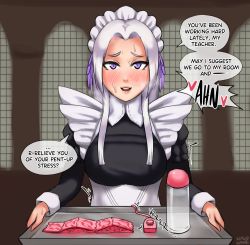 Rule 34 | 1girl, alternate costume, apron, blush, breasts, condom, edelgard von hresvelg, english text, enmaided, female focus, fire emblem, fire emblem: three houses, hair ribbon, highres, holding, holding tray, looking at viewer, maid, maid apron, maid headdress, medium breasts, nintendo, open mouth, purple eyes, ribbon, sequential, sex toy, solo, sounds good, speech bubble, sweat, tray, vibrator, vibrator cord, white hair, wingedwasabi