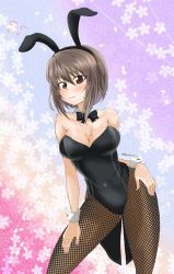 Rule 34 | 1girl, abimaru gup, alternate costume, animal ears, black bow, black bowtie, black leotard, black pantyhose, blush, bow, bowtie, breasts, brown eyes, brown hair, cleavage, coattails, commentary request, covered navel, detached collar, fake animal ears, fishnet pantyhose, fishnets, floral background, flying sweatdrops, girls und panzer, hand on own hip, hand on own thigh, highres, large breasts, leaning forward, leotard, looking at viewer, multicolored background, nishizumi maho, one-hour drawing challenge, pantyhose, partial commentary, playboy bunny, rabbit ears, short hair, solo, standing, strapless, strapless leotard, sweatdrop, thighs, twitter username, wing collar, wrist cuffs