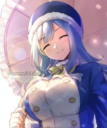 Rule 34 | 1girl, blue hair, blue hat, blue shirt, bow, bowtie, breasts, buttons, closed eyes, english text, fairy tail, fur-trimmed headwear, fur trim, green bow, green bowtie, hat, highres, holding, holding umbrella, juvia lockser, large breasts, long hair, pink umbrella, reytsu, shirt, simple background, smile, solo, two-tone shirt, umbrella, upper body, watermark, white background, white shirt