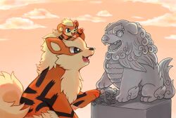 Rule 34 | animal focus, arcanine, arm up, black eyes, claws, commentary, creatures (company), fangs, game freak, gen 1 pokemon, growlithe, highres, huiro, komainu, nintendo, no humans, open mouth, orange fur, orange sky, pokemon, pokemon (creature), sharp teeth, sitting, sky, statue, striped fur, symbol-only commentary, teeth