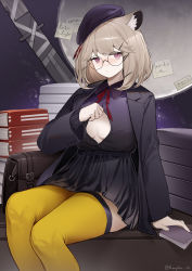 Rule 34 | 1girl, absurdres, animal ears, arknights, bad id, bad pixiv id, beret, blush, book, book stack, breasts, brown hair, collared shirt, feet out of frame, glasses, hair ornament, hairclip, hat, high-waist skirt, highres, long sleeves, looking at viewer, medium breasts, neck ribbon, official alternate costume, open clothes, open shirt, paid reward available, purple eyes, purple hat, purple shirt, purple skirt, red ribbon, ribbon, shibuya (kurokamishain), shirt, sideboob, sitting, skirt, solo, thighhighs, twitter username, utage (arknights), utage (disguise) (arknights), yellow thighhighs