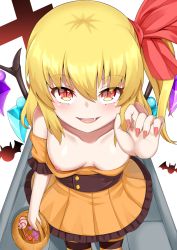 Rule 34 | 1girl, :d, akasaka sato, basket, bat (animal), blonde hair, breast slip, breasts, candy, crystal, downblouse, dress, egg vibrator, embodiment of scarlet devil, fang, fingernails, flandre scarlet, food, hair ribbon, halloween, highres, leaning forward, long fingernails, looking at viewer, nail polish, nipple slip, nipples, no bra, one side up, open mouth, orange dress, oversized clothes, red eyes, red nails, red ribbon, ribbon, small breasts, smile, solo, touhou, vibrator, white background, wings