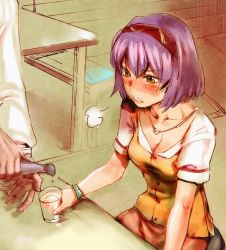 Rule 34 | 1girl, 1other, alcohol, blush, bottle, bow (bhp), breasts, cleavage, face, glass, hairband, jewelry, necklace, original, purple hair, sake, short hair, solo focus, yellow eyes
