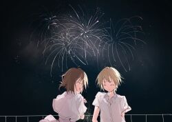 1boy 1girl ^_^ aerial_fireworks ahoge brown_hair capelet closed_eyes closed_mouth collared_shirt couple facing_another fireworks folded_ponytail hair_between_eyes happy hetero highres holding holding_fireworks light_brown_hair mamiya_takuji medium_hair night outdoors railing school_uniform shirt short_hair short_sleeves side-by-side smile subarashiki_hibi sweatdrop tachibana_kimika upper_body visinss white_capelet white_shirt wide_shot