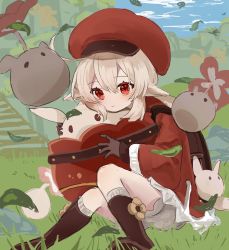 Rule 34 | 1girl, ahoge, backpack, bag, blonde hair, bloomers, blush, boots, brown footwear, brown gloves, closed mouth, cloud, day, dodoco (genshin impact), dress, genshin impact, gloves, grass, hair between eyes, hat, highres, holding, jumpy dumpty, klee (genshin impact), leaf, long sleeves, low twintails, outdoors, pointy ears, red dress, red eyes, red headwear, sidelocks, sitting, sky, tourou 7, twintails, underwear, white bloomers